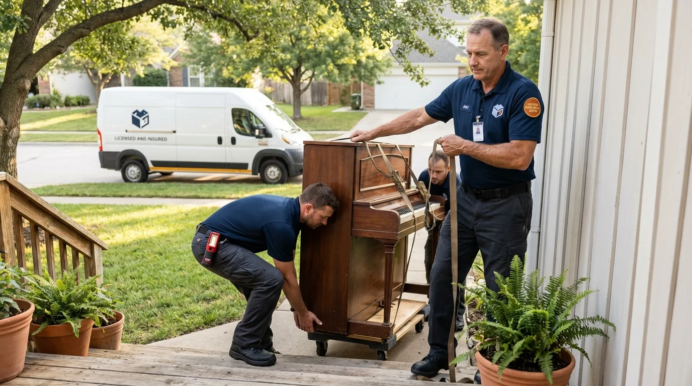 Licensed piano movers securing grand piano in Phenix City, AL