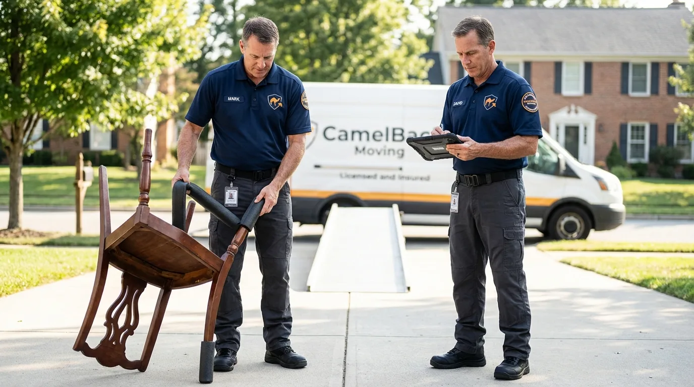 Movers inspecting furniture for damage prevention before loading in Phenix City, AL