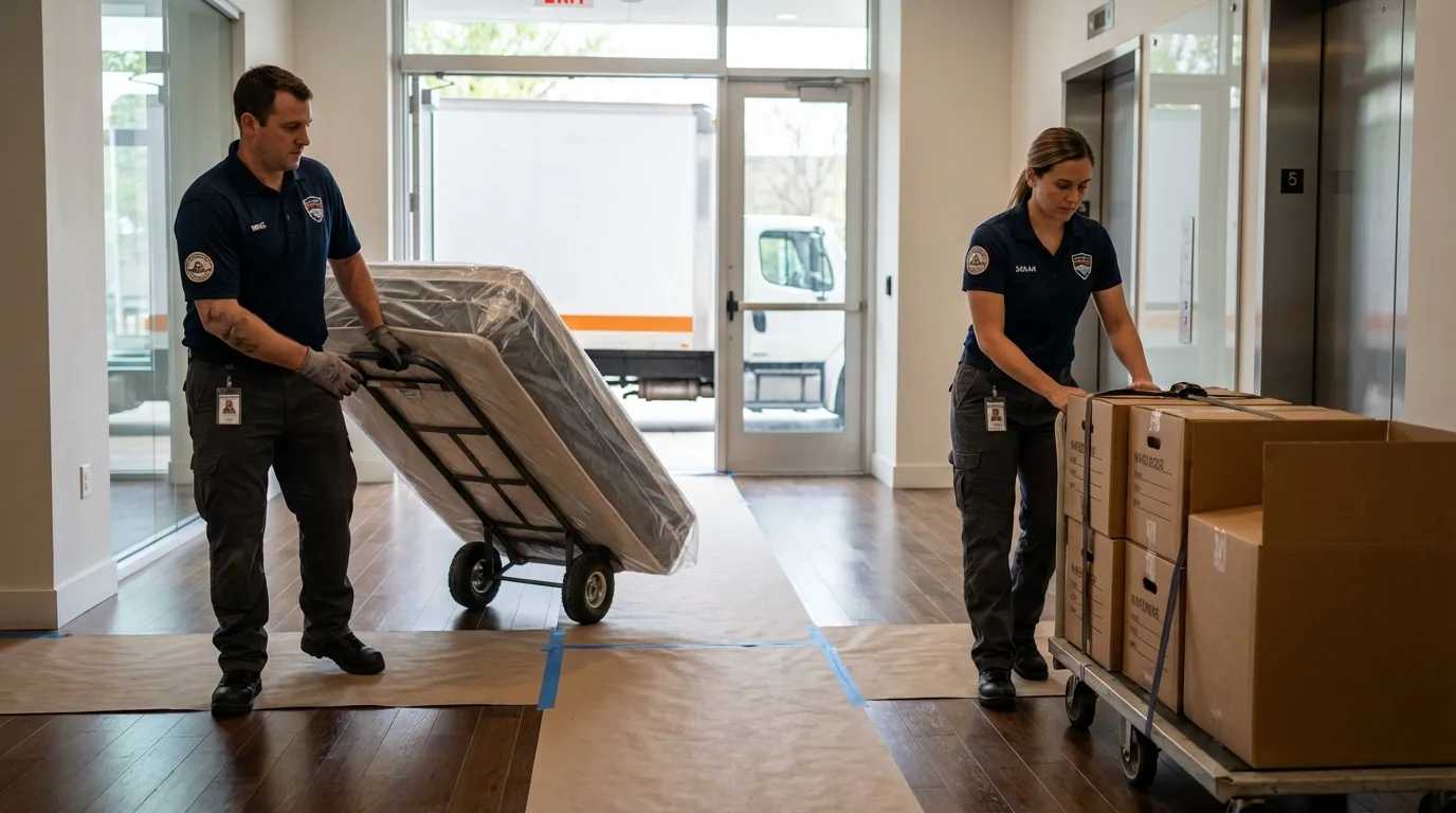 Professional apartment movers loading elevator in Phenix City, AL