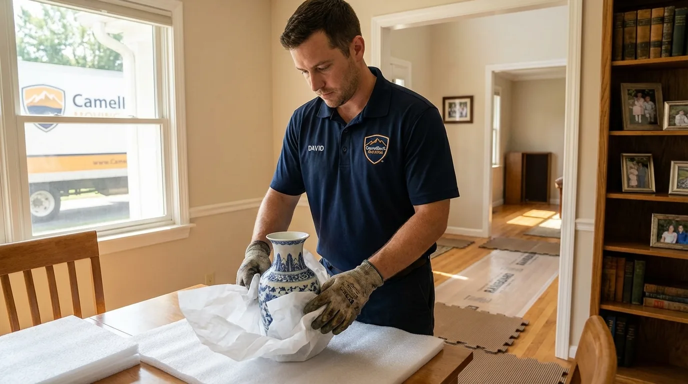 Professional crew carefully wrapping antique vase for senior downsizing move in Phenix City, AL